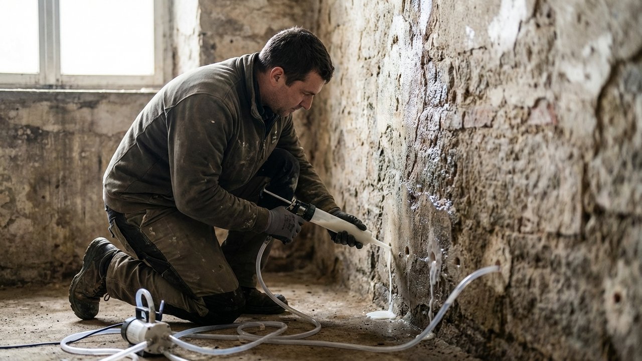 Injection de résine hydrofuge dans la base d'un mur humide pour créer une barrière étanche