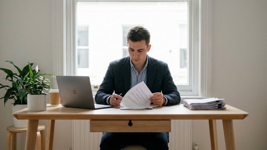 Investisseur immobilier étudiant des documents d'achat immobilier