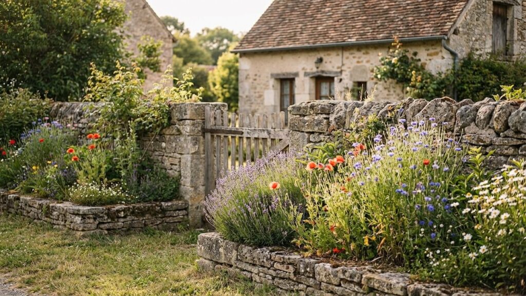 Jardin champêtre rustique avec plantes locales et charme villageois