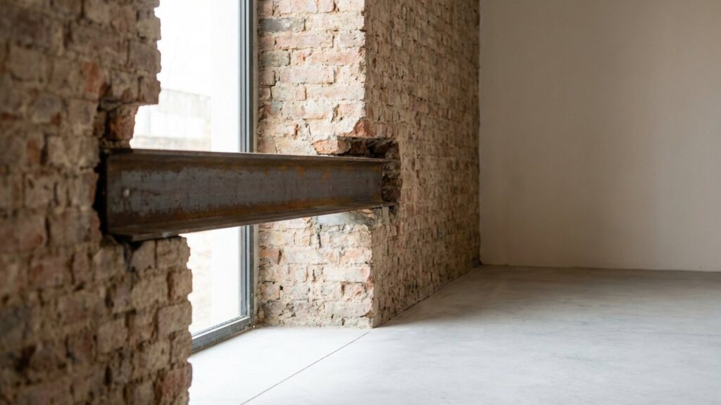 Linteau IPN acier posé sur ouverture de mur porteur en brique