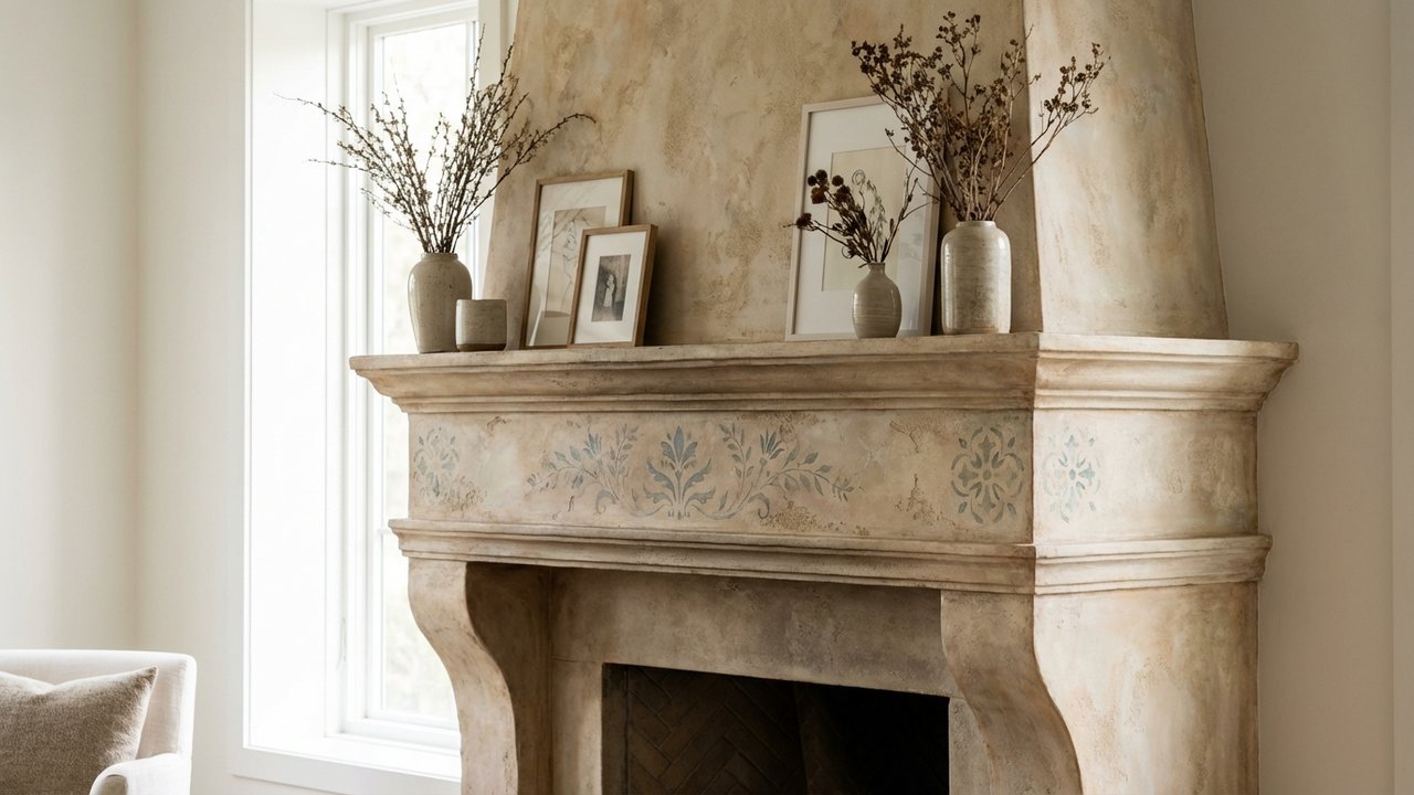 Habillage d'un manteau de cheminée ancienne en marbre avec patine stucco