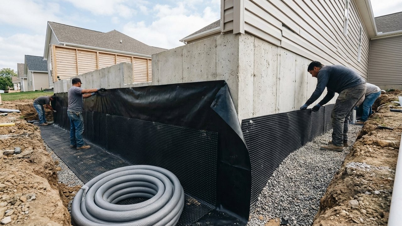 Installation d'une membrane étanche extérieure et système de drainage autour des fondations