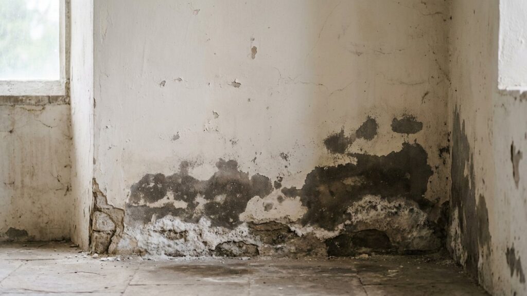 Mur humide montrant les traces d'humidité et le salpêtre caractéristiques des remontées capillaires