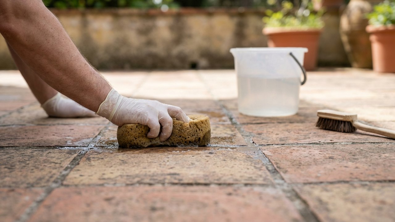 Nettoyage des joints de carrelage extérieur à l'éponge humide