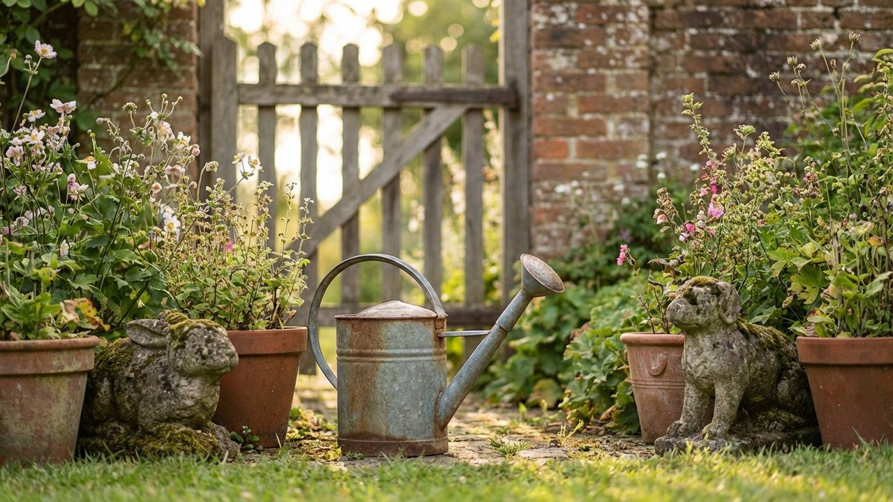 Objets métalliques patinés et décoration authentique dans un jardin champêtre