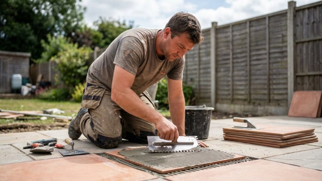 Pose de carrelage extérieur avec mortier-colle et spatule crantée