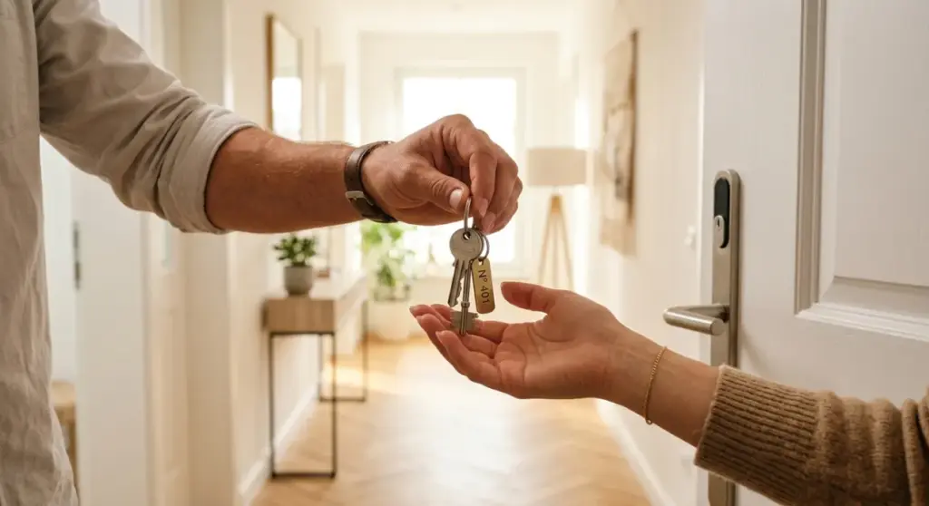 Propriétaire d'un appartement qui confie les clés à son nouveau locataire