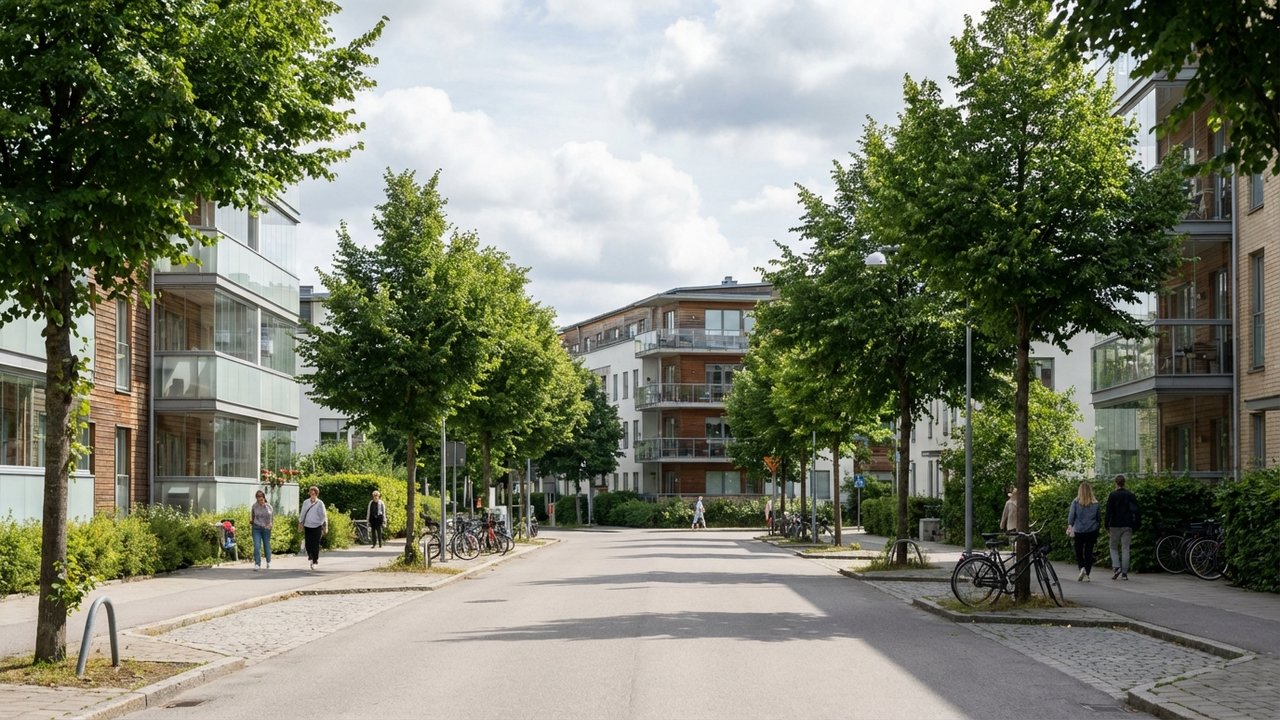 Quartier résidentiel avec immeubles modernes et transports accessibles