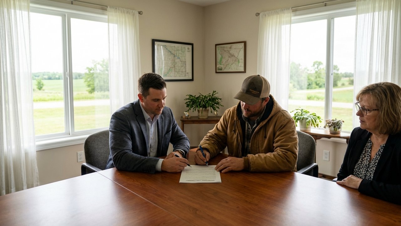 Signature de l'acte de vente d'un terrain agricole chez le notaire