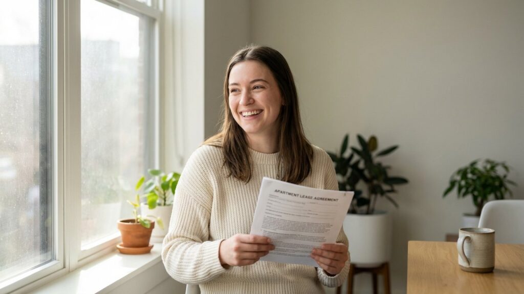 Femme signant un contrat de location d'appartement sans CDI