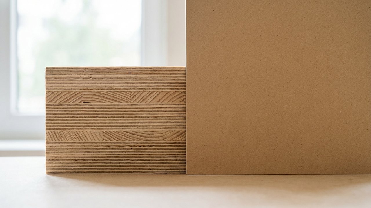 Gros plan montrant la structure en plis du contreplaqué et la texture uniforme du MDF