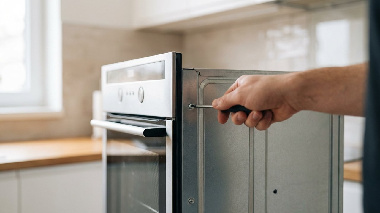 Dévissage des vis de fixation latérales d'un four encastrable