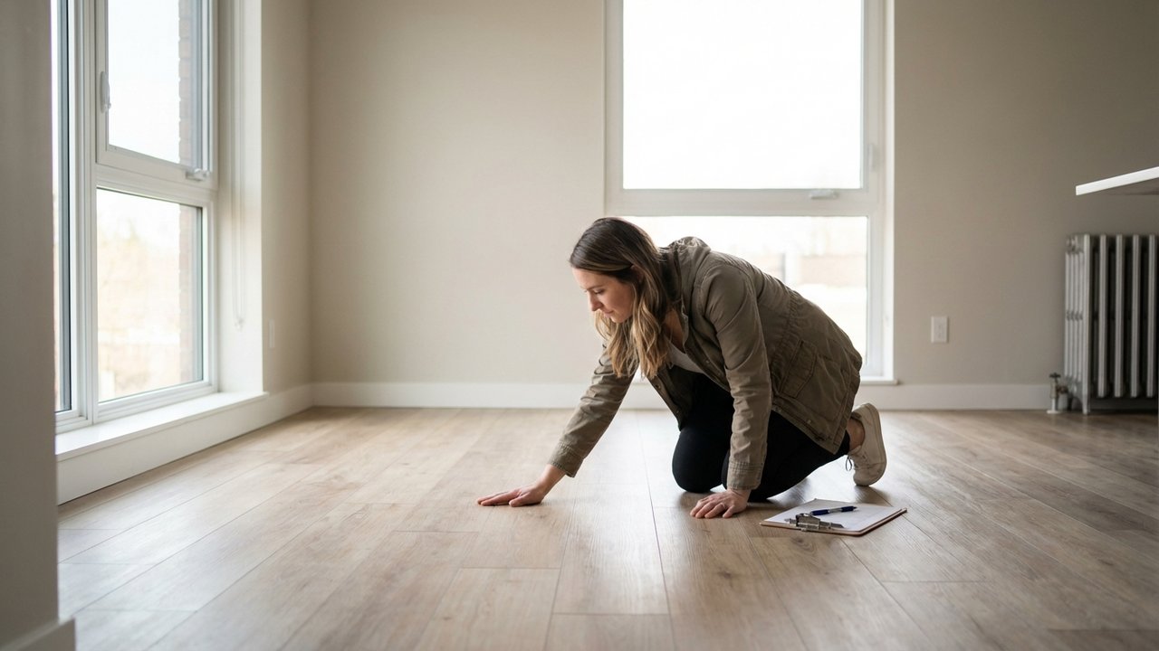 Locataire observant l'état des sols et équipements lors de la visite du logement