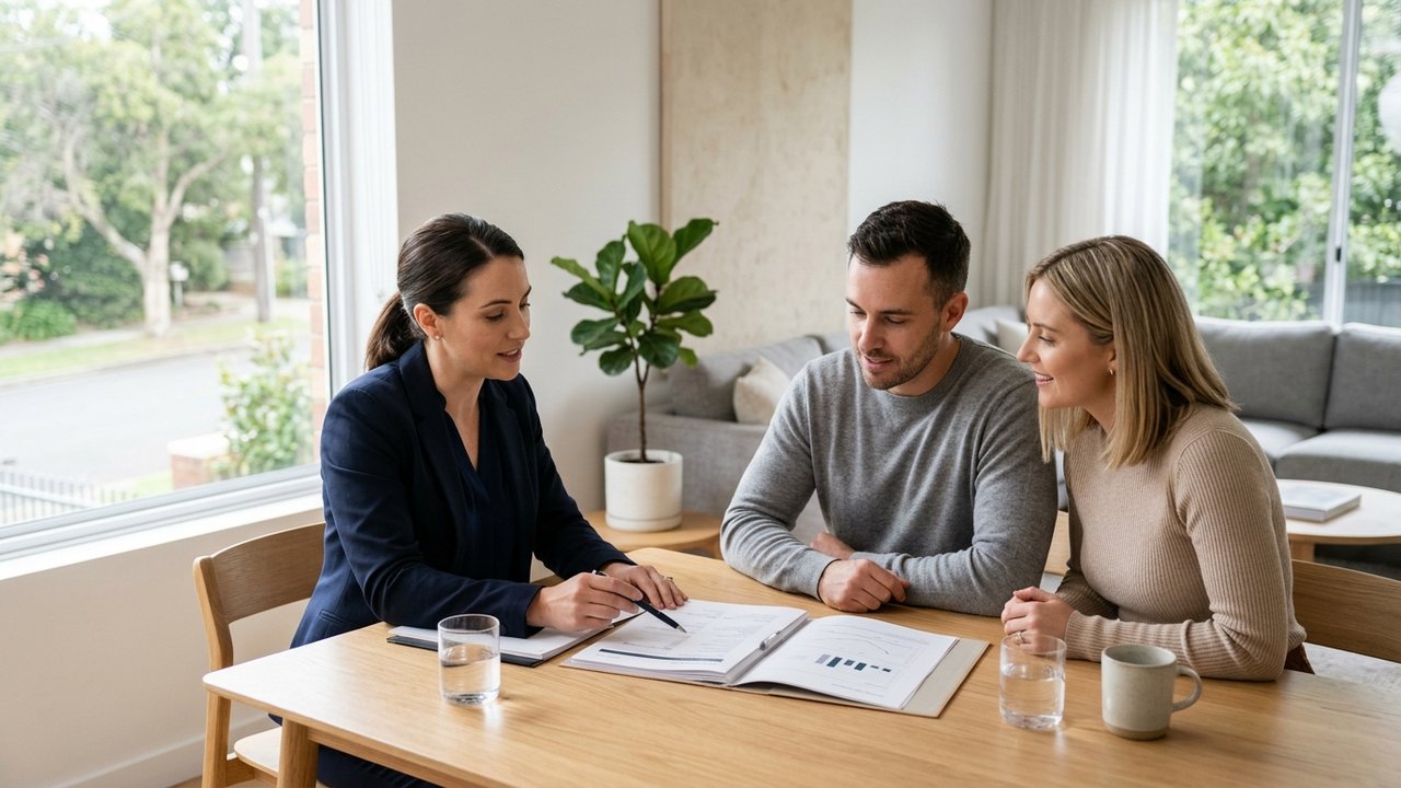 Agent immobilier présentant des documents lors d'une transaction