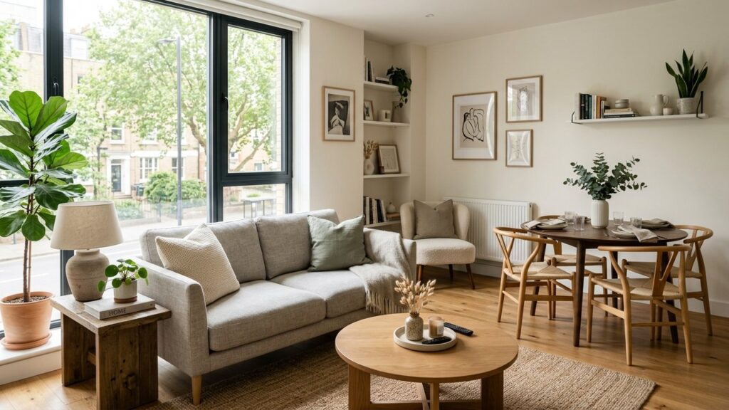 Salon d'un appartement meublé avec canapé et mobilier complet