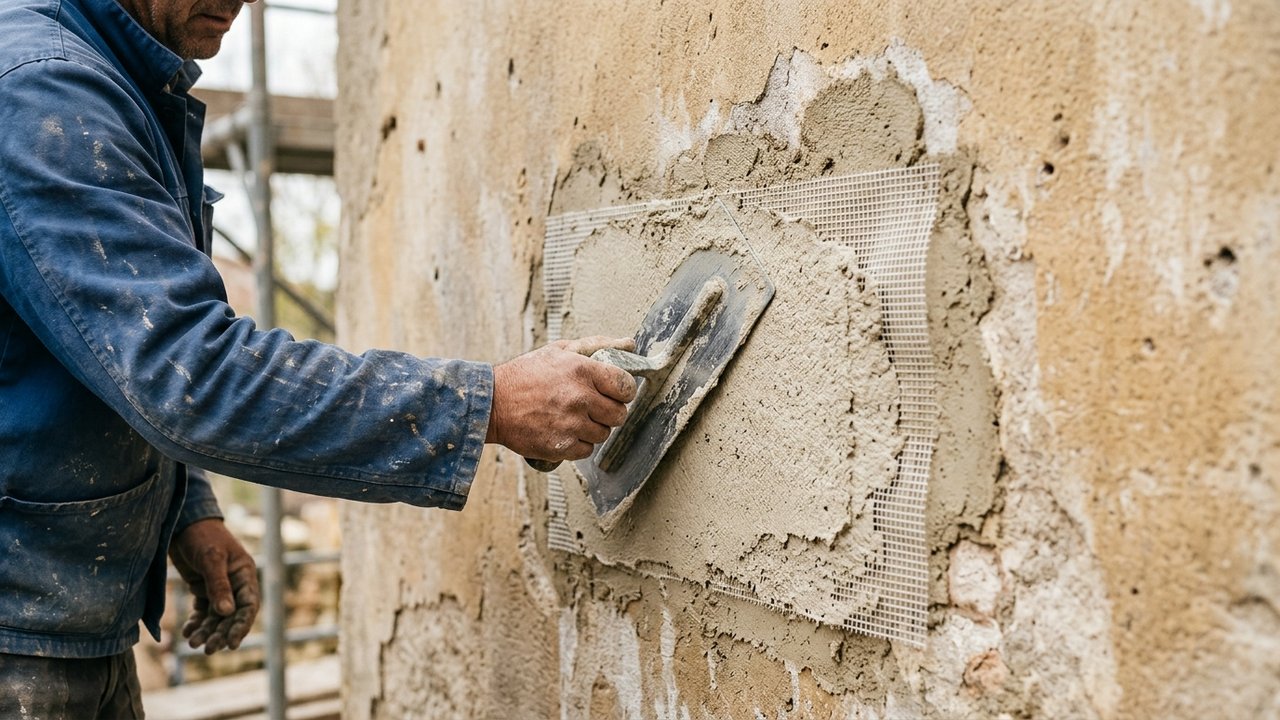 Application d'un nouvel enduit de réparation sur crépi extérieur