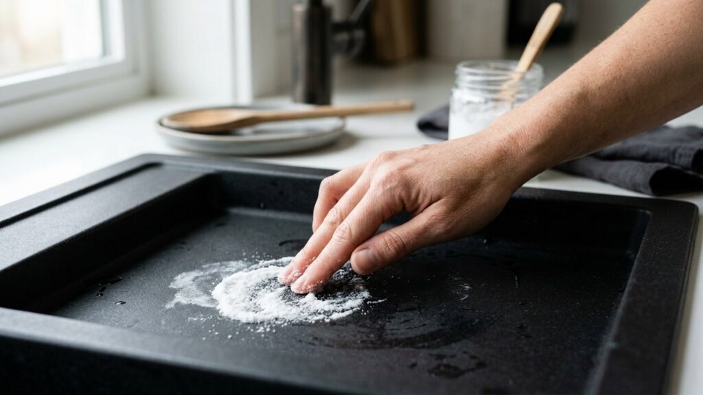Application de pâte de bicarbonate sur une tache d'évier en résine noire