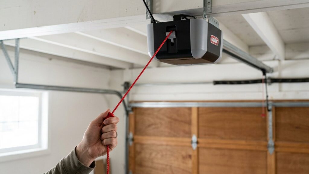 Tirage du cordon rouge de déverrouillage d'urgence d'une motorisation de porte de garage