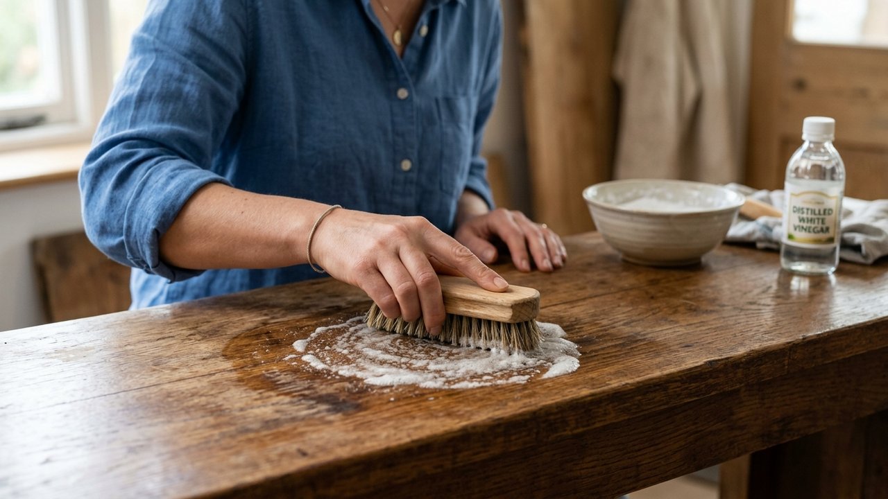 Décapage naturel d'un meuble avec pâte bicarbonate et vinaigre blanc