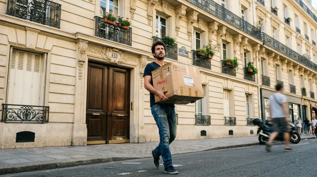 Homme qui porte un carton de déménagement fragile en plein Paris