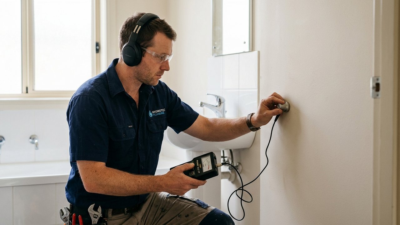 Plombier utilisant un détecteur acoustique pour localiser une fuite cachée