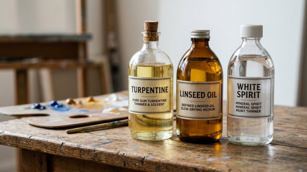 Différents diluants pour peinture à l'huile : essence de térébenthine, huile de lin et white-spirit