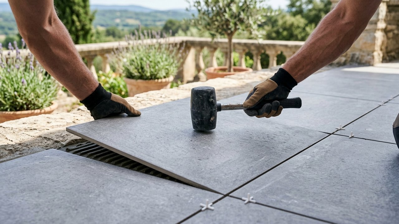 Pose et ancrage d'un carreau de carrelage terrasse avec maillet