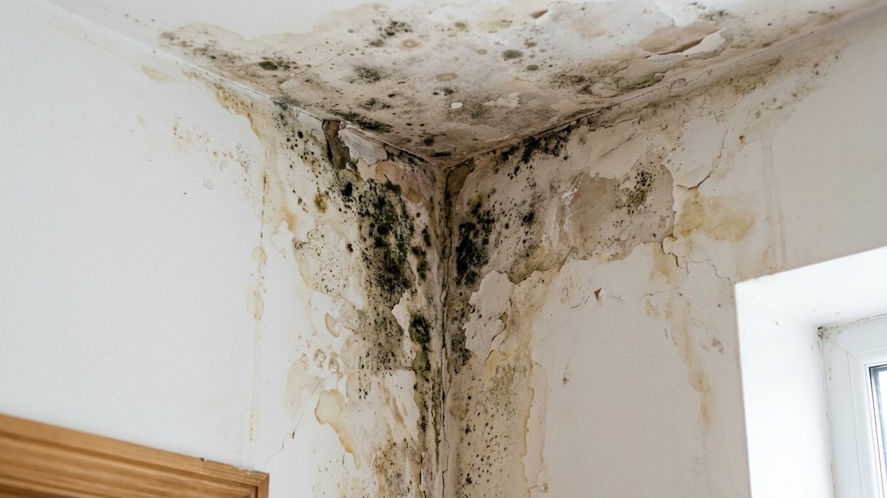 Moisissures et traces d'humidité dans un angle de pièce