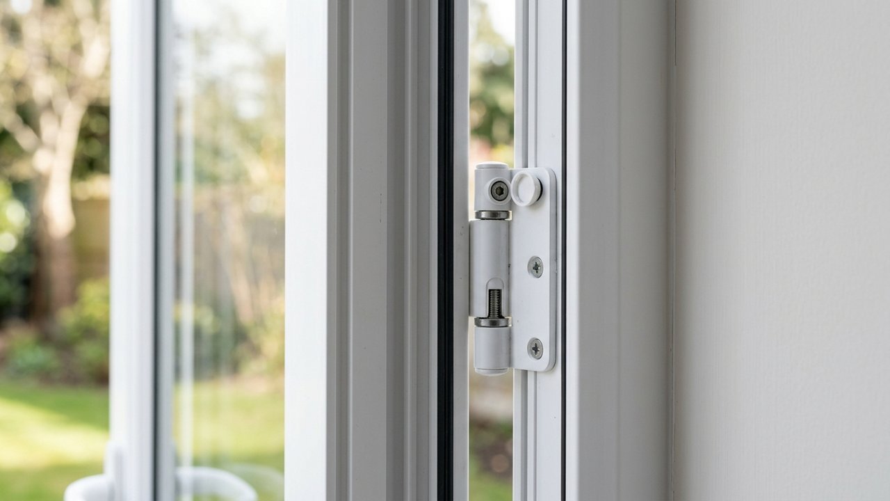 Paumelle et vis de réglage de hauteur sur une fenêtre PVC