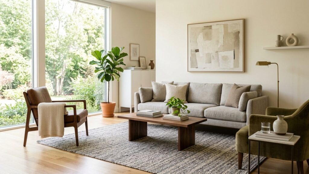 Placement d'un tapis dans un salon sous un canapé et des fauteuils