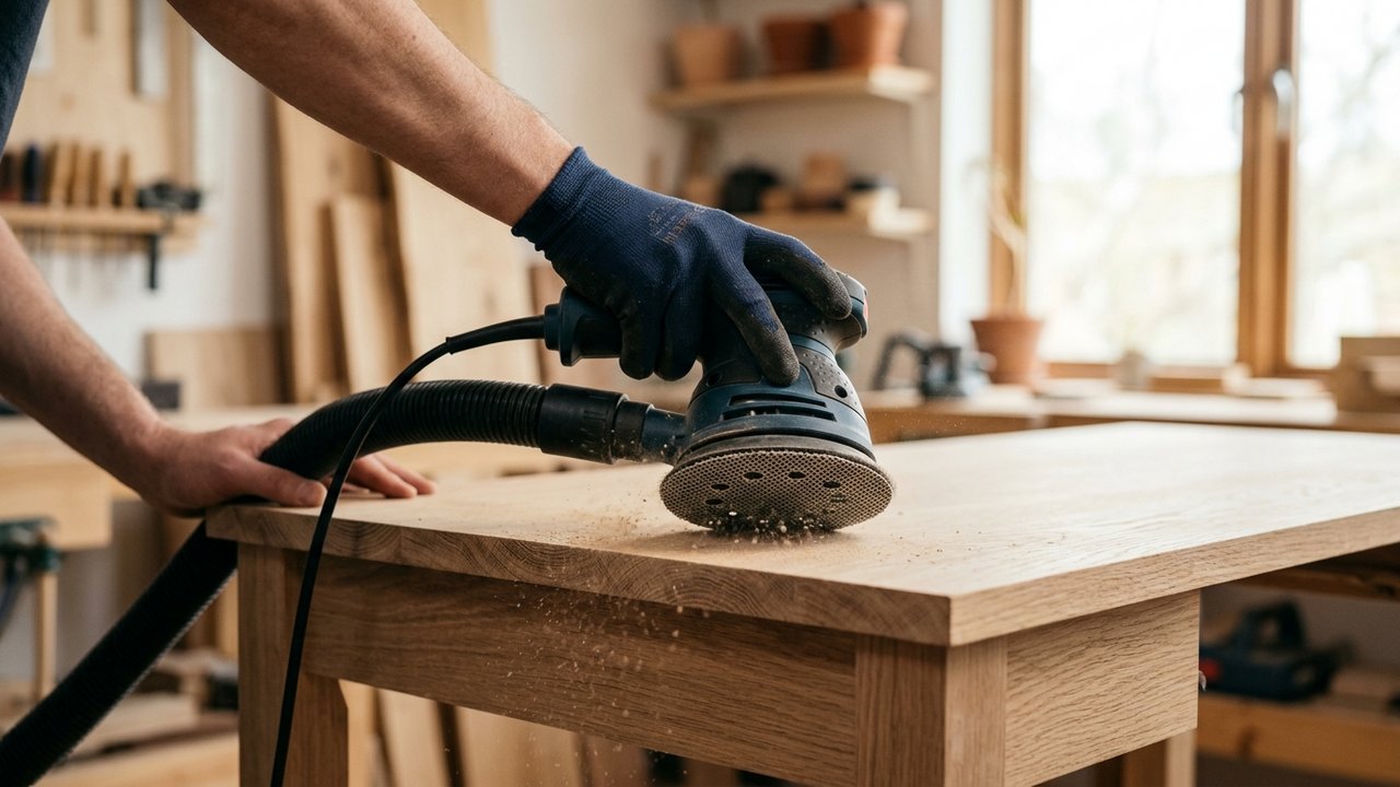 Ponçage d'un meuble en bois avec une ponceuse orbitale et maille céramique