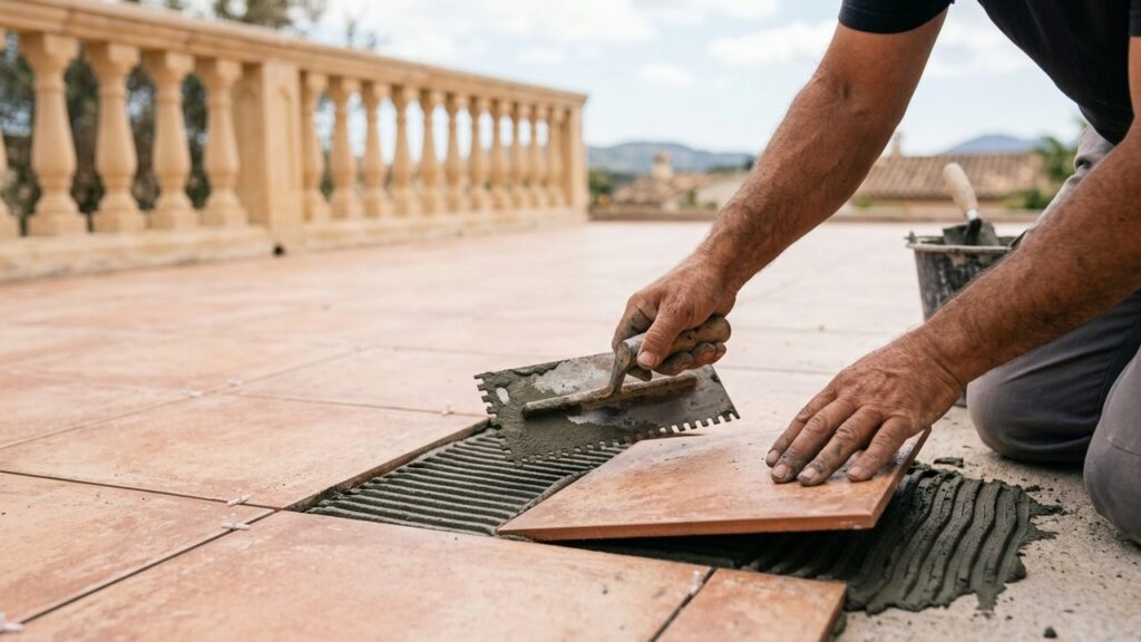 Pose de carrelage sur une terrasse avec mortier-colle