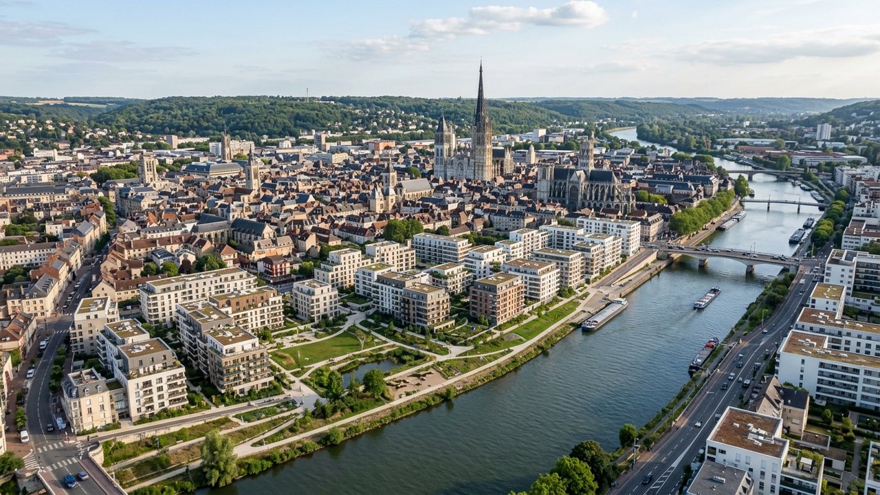 Vue aérienne de Rouen montrant les nouveaux programmes immobiliers en bord de Seine