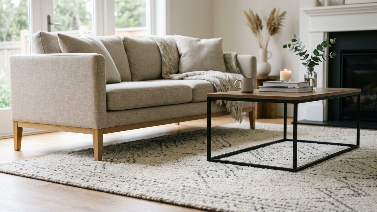 Tapis de salon avec canapé, fauteuils et table basse bien positionnés