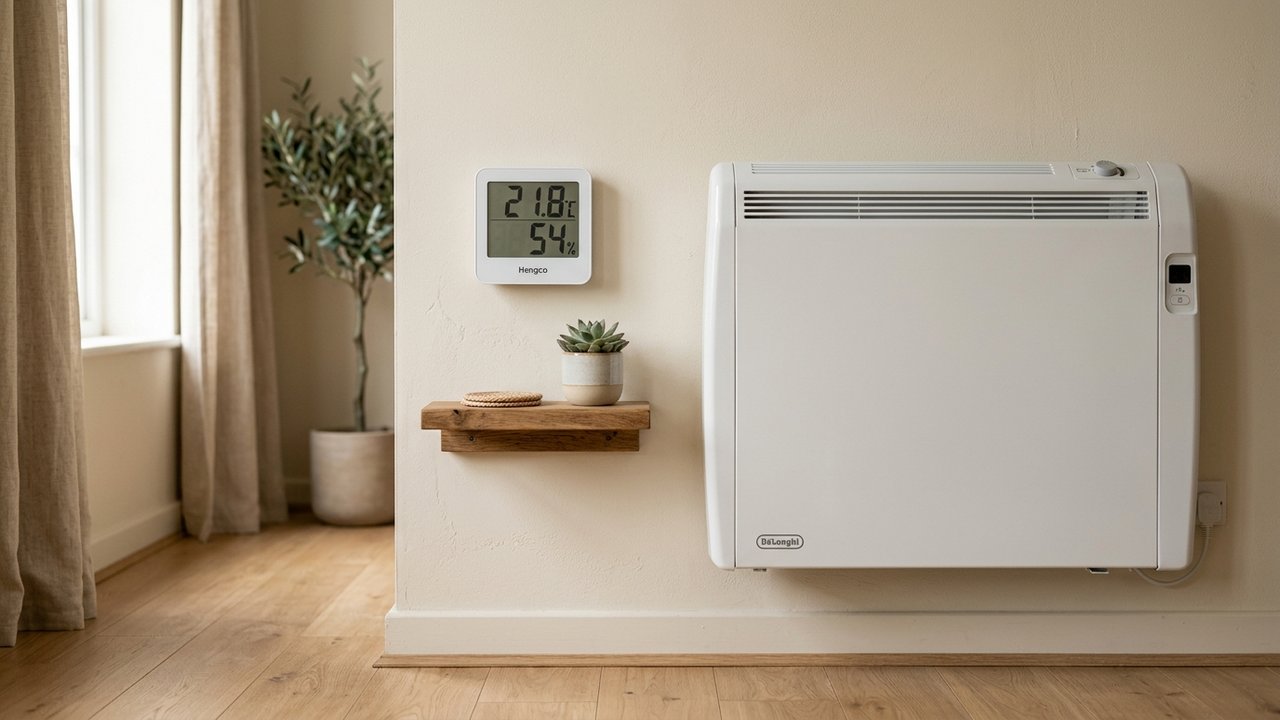 Thermomètre mesurant la température d'une pièce avec radiateur électrique
