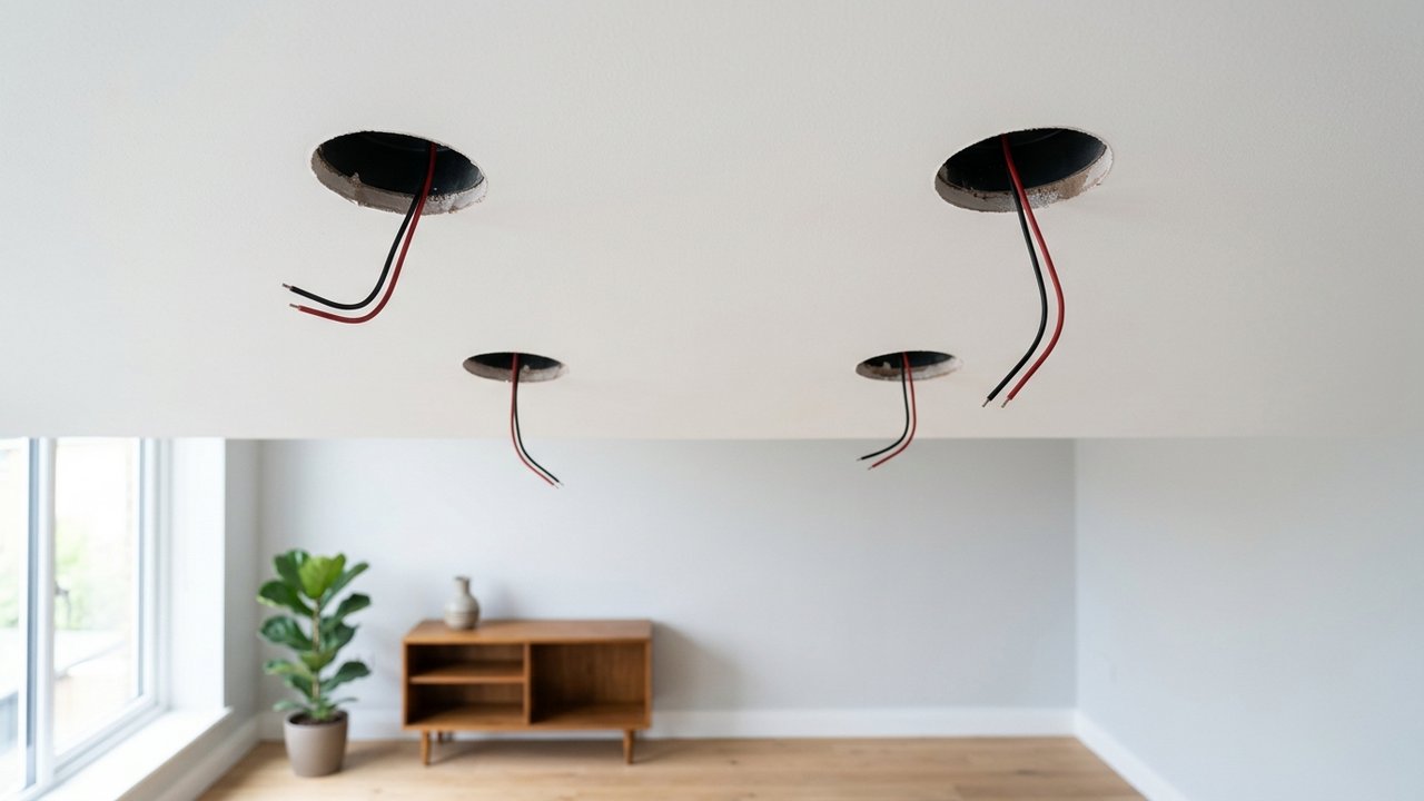 Perçage des trous au plafond pour l'installation de spots encastrés