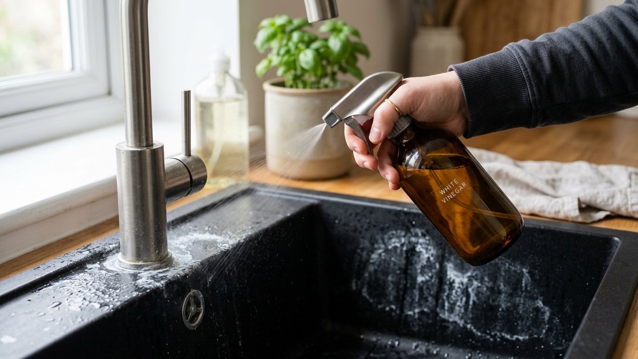 Application de pâte de bicarbonate sur une tache d'évier en résine noire