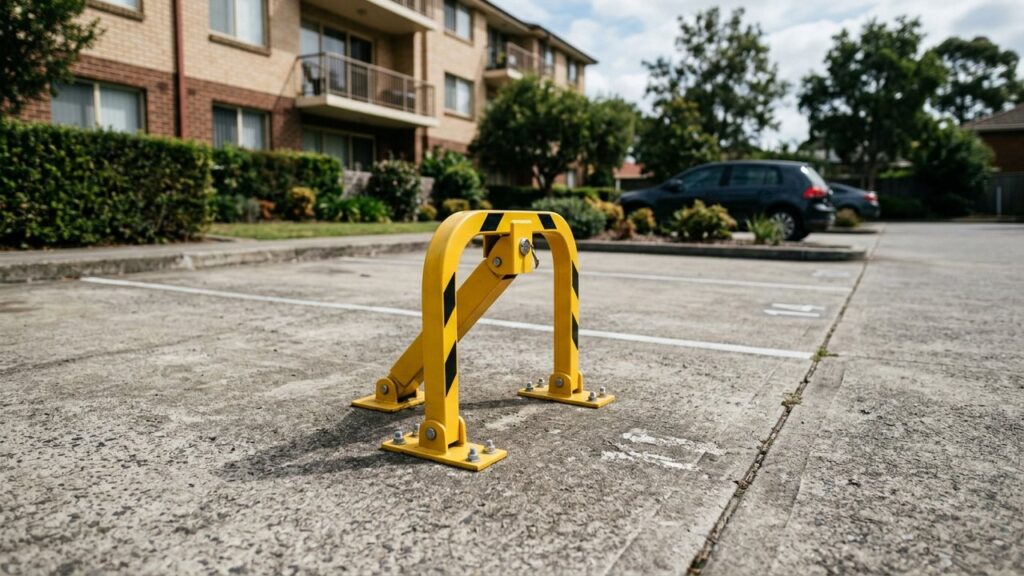 Arceau de parking installé sur une place de stationnement en copropriété