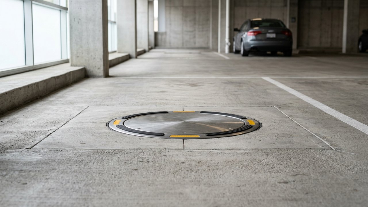 Arceau de parking rabattable en position fermée dans un parking souterrain