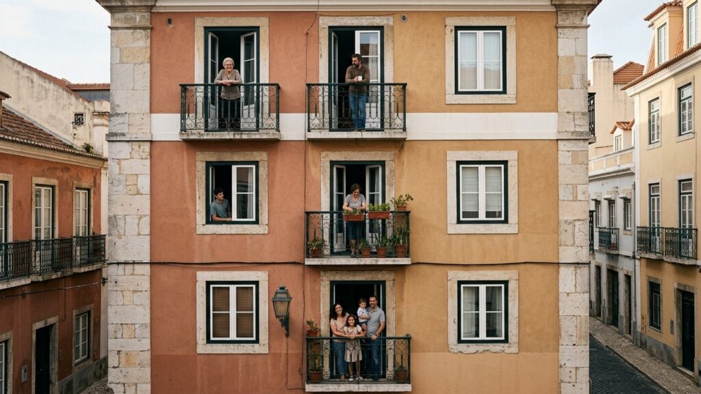 Immeuble en copropriété avec plusieurs résidents aux fenêtres