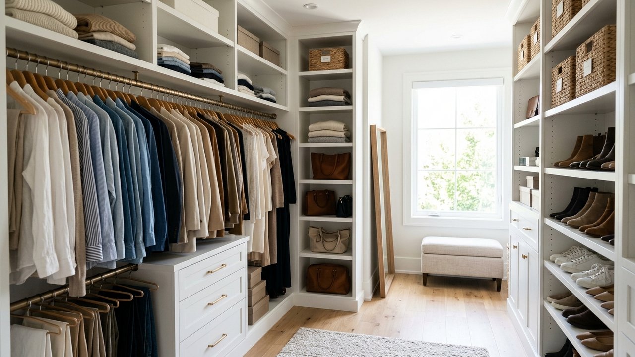 Dressing intégré avec rangements organisés et portes miroir