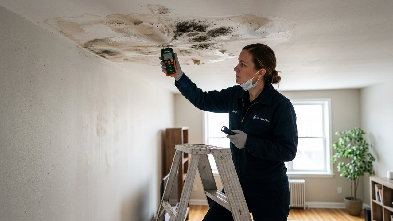 Inspection d'une infiltration d'eau et de moisissures au plafond d'un appartement