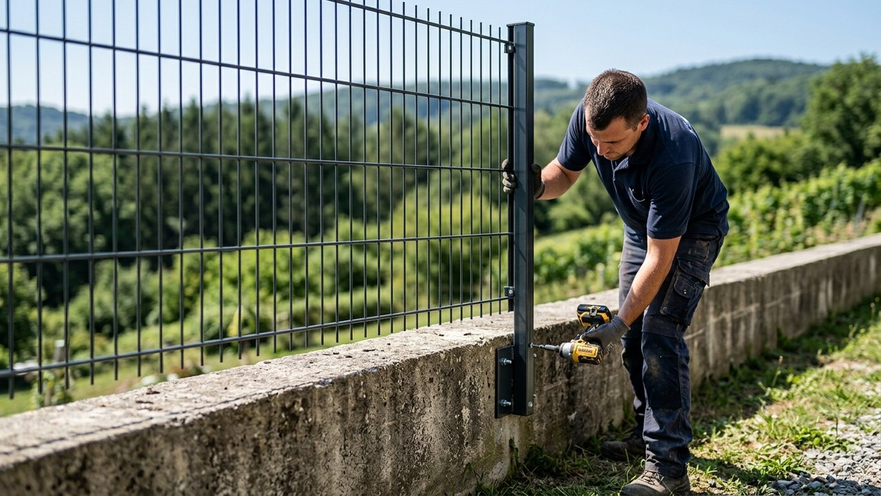 Fixation d'un grillage rigide sur muret avec platine d'ancrage