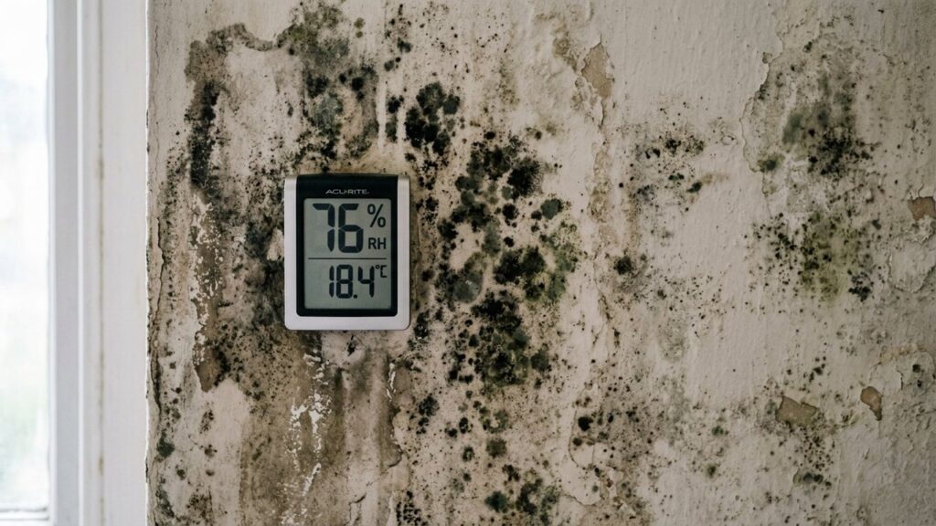 Mesure du taux d'humidité avec un hygromètre sur un mur humide