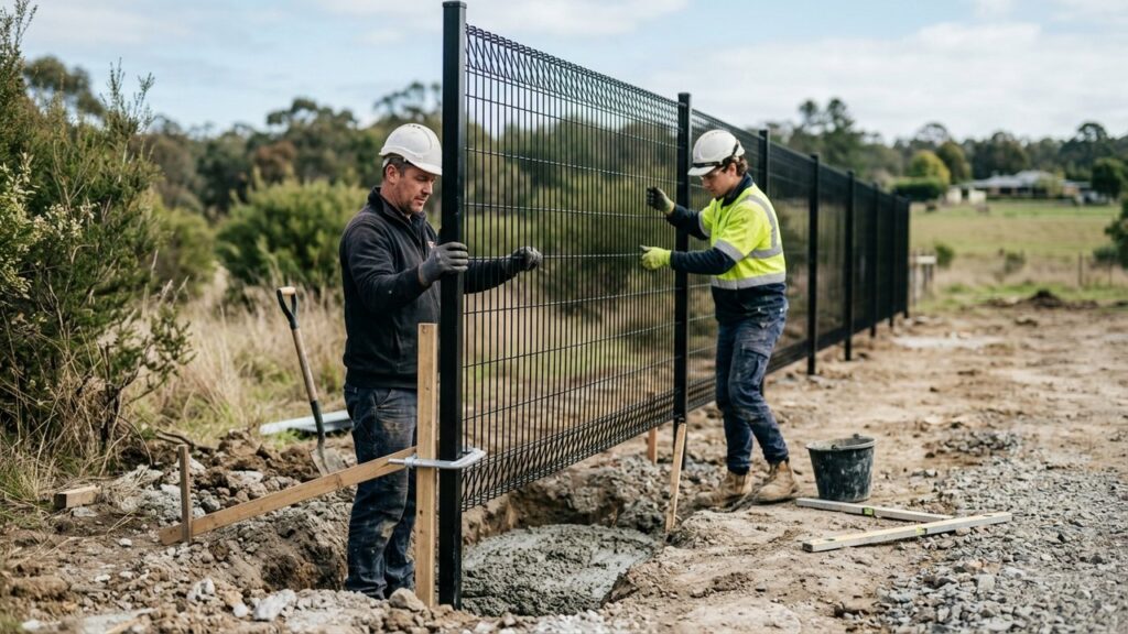 Installation d'un panneau de grillage rigide scellé au béton