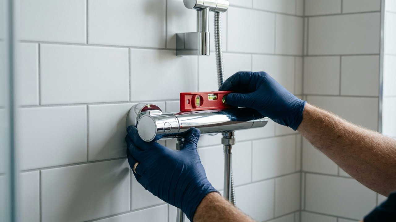 Installation d'un mitigeur de douche sur le mur avec vérification d'aplomb