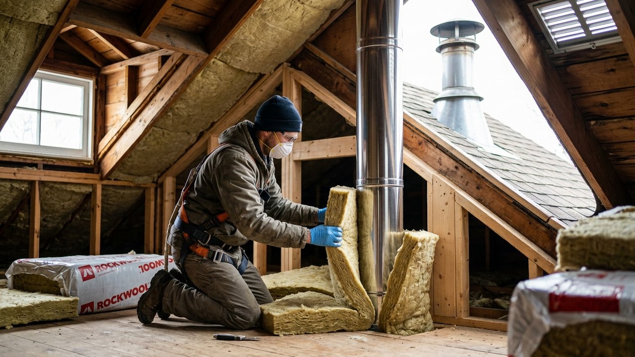 Installation de laine de roche autour d'un conduit de cheminée en combles