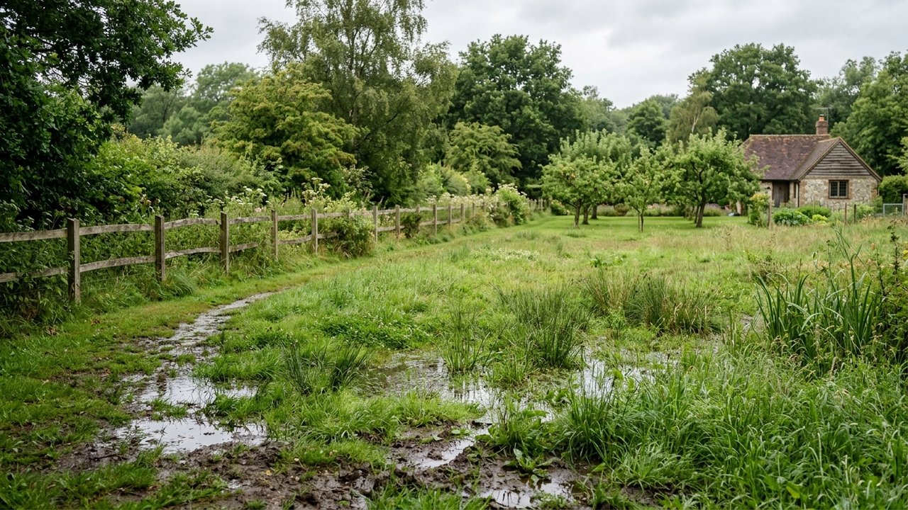 Zone du jardin détrempée et pelouse anormalement verte au-dessus du champ d'épandage