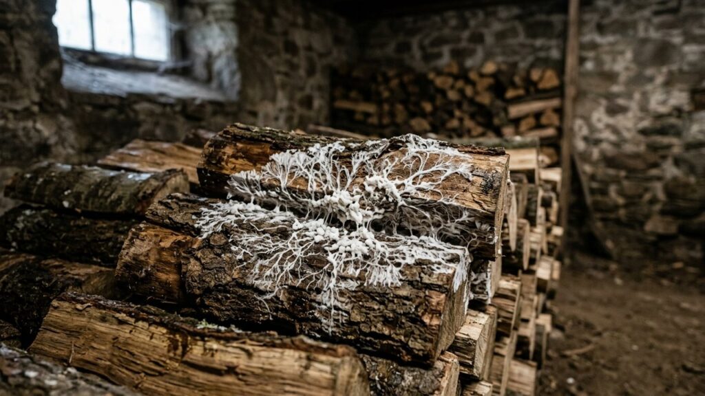 Filaments blancs de mérule sur du bois de chauffage stocké en cave