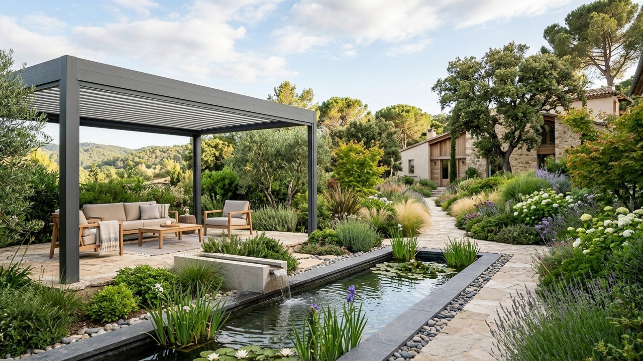 Jardin avec pergola bioclimatique et point d'eau pour ambiance apaisante
